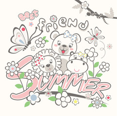 Adorable animals vector illustration playing joyfully with good friends under the summer sun,