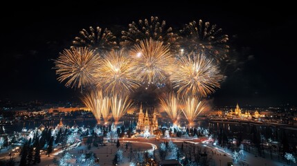 Naklejka premium Fireworks display illuminating cityscape new year’s celebration aerial view festive atmosphere nighttime spectacle