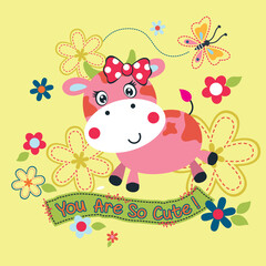 Adorable hippo girl vector illustration in a vibrant garden filled with flowers and butterflies