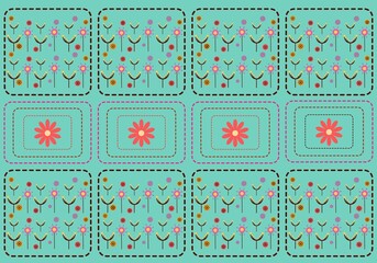 Retro Floral Grid : bright turquoise background contrasts with vibrant red, yellow, and pink flowers, giving it a retro and whimsical feel. ideal for textiles,  wallpapers, and digital project

