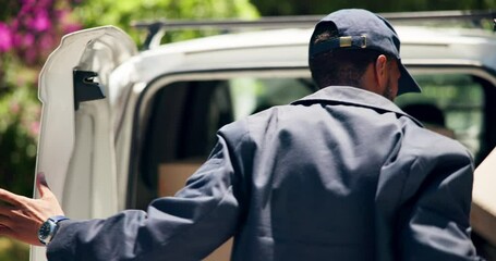 Back, delivery guy and boxes in van outdoor of ecommerce courier, product transport and distribution. Male person, vehicle and cargo package of online shopping, export industry and wholesale shipping