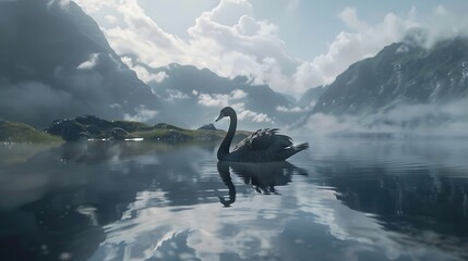 A majestic black swan gracefully gliding across a still pond, captured in