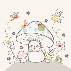 Bright and adorable rabbit vector with colorful flowers and starry background. Cheerful and whimsical design.
