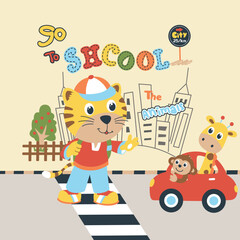 Adorable animal vector illustration traveling happily by car in a playful and colorful design
