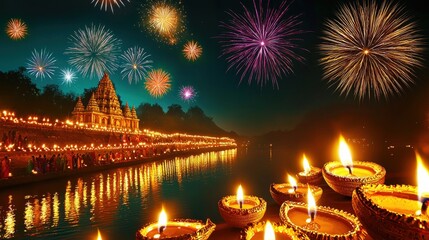 Fototapeta premium A festive Diwali riverside temple glowing with rows of oil lamps and golden lanterns, as families offer prayers while colorful fireworks explode across the dark sky, reflecting beautifully on 