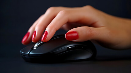 A close-up of a woman�s hand interacting with a computer mouse.