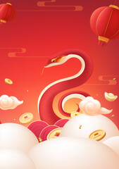 Spring Festival poster design red snake in the cloud around the ingot and gold coins