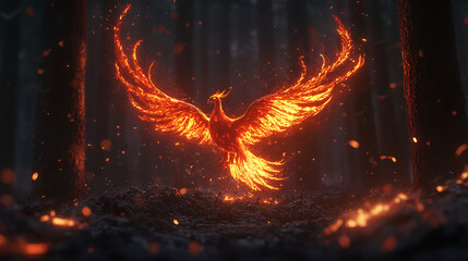 A fiery bird with flames on its wings is flying through a forest