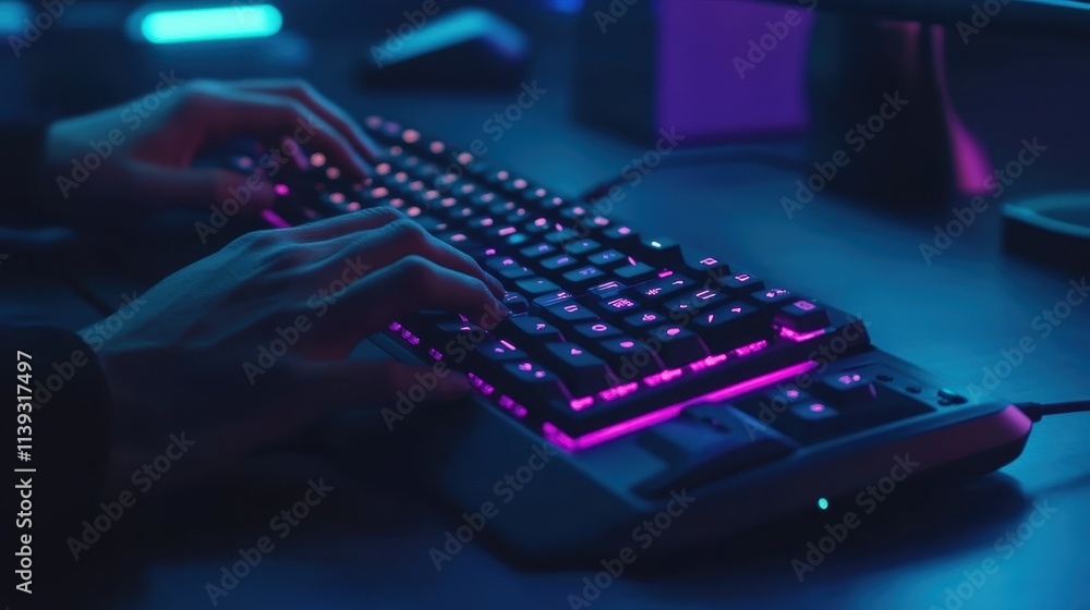 Poster hands typing on a backlit mechanical keyboard in a dark gaming setup during late night hours