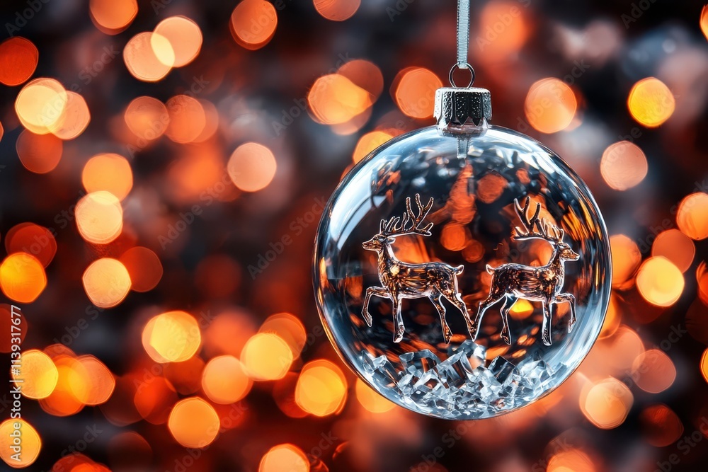 Aufkleber creating holiday cheer with a large crystal ornament featuring miniature reindeer against a soft red