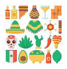 A colorful flat design illustration set featuring Mexican culture elements like sombrero, poncho, maracas, chili, skull, guacamole, avocado, and tequila. Perfect for Mexican-themed designs or celebrat