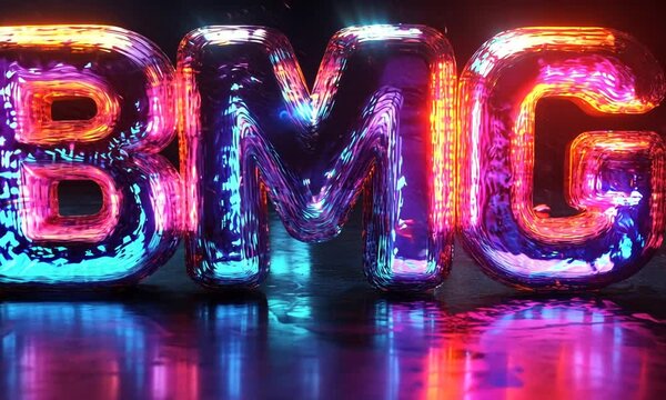 Colorful 3D text "BMG" illuminated with vibrant lights on a reflective surface.