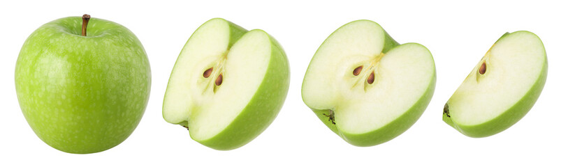 green apple (granny smith apple), half and slice isolated, transparent PNG, collection, PNG format, cut out