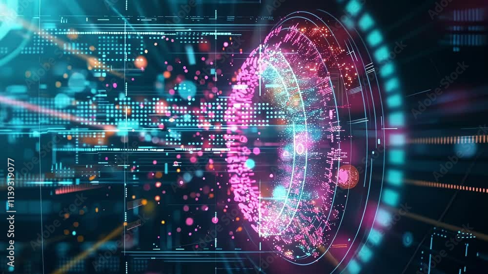 Poster futuristic earth rotating in space with digital information flowing around, creating a dynamic visua
