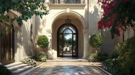 Magnificent Mansion Entrance: A Sun-Drenched Mediterranean Oasis
