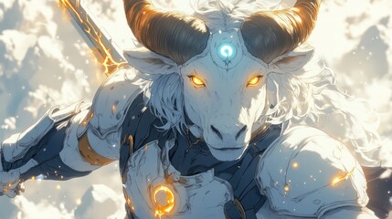 Majestic white ram warrior in futuristic armor, glowing eyes, sword, clouds.