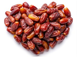 Aerial Heart-Shaped Date Fruit Arrangement, Close-up Photography, Isolated White Background