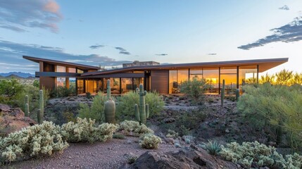 Capturing the sunset a minimalist desert home arizona architecture surrounded by cacti and rocks expansive viewpoints