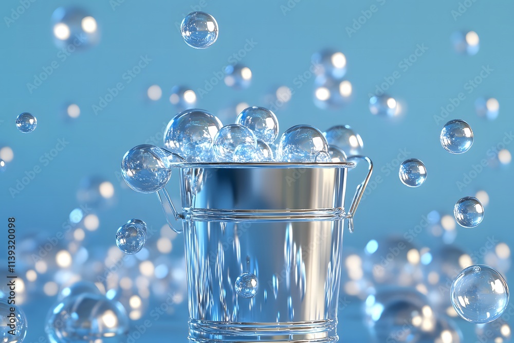 Poster shiny metal bucket overflowing with bubbles against a soft blue background, creating a playful and r