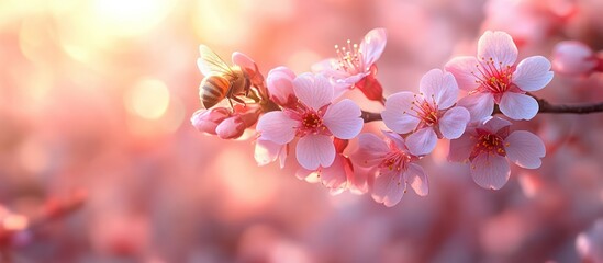 Bee pollinating pink cherry blossoms at sunrise.