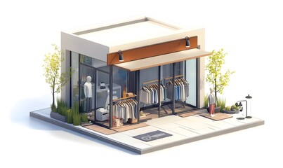 Isometric clothing store with mannequins and clothes on display.