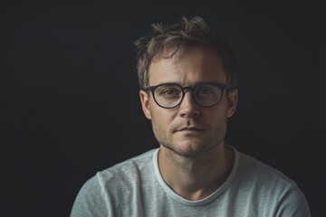 Fototapeta premium Thoughtful Portrait of a Man with Glasses Against a Dark Background