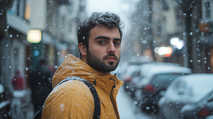 Rearview photo of a man walking on a snowy city street in winter, wearing a yellow jacket. pretty male with black hair and beard outside in the cold weather, blurred parked cars and people.