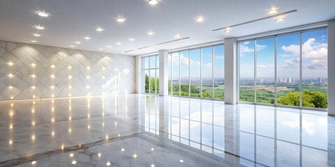 Breathtaking White Marble Floor in an Empty Room with Large Windows, Bokeh Effect, Natural Light, Minimalist Interior Design, Contemporary Aesthetics, Luxurious Space, Bright Atmosphere
