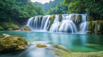 Obraz premium Cascading waterfalls flow powerfully amidst a dense forest, surrounded by vibrant foliage. Sunlight filters through the trees, enhancing the serene atmosphere.