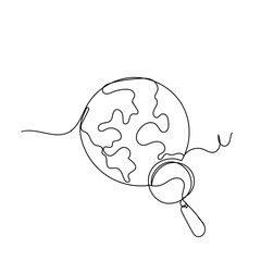 continuous line drawing earth globe with magnifying glass