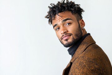 Obraz premium Stylish Young Man with Curly Hair Posing in a Brown Coat Against a Light Background