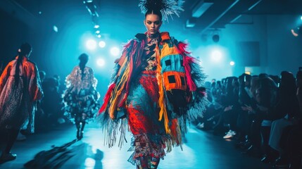 Fototapeta premium A fashion model confidently presents a colorful outfit on the runway, highlighted by striking lighting and an engaged audience. The atmosphere is filled with excitement and creativity.