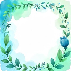 Delicate Watercolor Floral Frame with Teal Tulips and Greenery