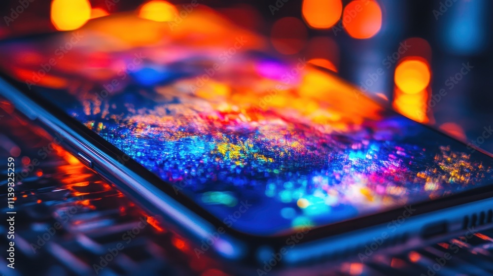 Poster a smartphone rests on a dark surface, showcasing a lively cosmic screensaver filled with bright colo