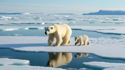 Frozen Arctic Landscape Background with Mother Polar Bear and Cub, Icy Surface, Snow, and Faint Distant Mountains in Serene Atmosphere  
