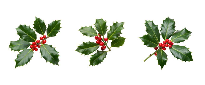 Three holly branches with green leaves and red berries, isolated on a transparent background, Christmas decor - Powered by Adobe