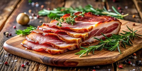 Delicious Smoked Pork Bacon on a Wooden Board with Fresh Herbs, Perfect for Breakfast and Gourmet Dishes, Close-up Food Photography