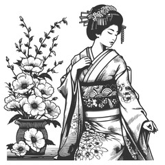 Naklejka premium geisha in traditional kimono, surrounded by detailed blooming flowers and foliage sketch engraving generative ai fictional character vector illustration. Scratch board imitation. Black and white image