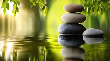 Fototapeta premium Serene Stacked Stones Reflecting in a Tranquil Spring Pond. AI Generated
