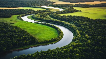 Naklejka premium A serene river winds gracefully through vibrant green fields and dense forests. The bright midday sun illuminates the pristine environment, offering a peaceful view of nature's beauty.