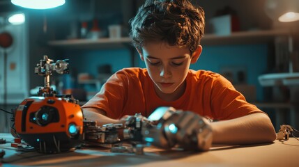 A boy tech innovator experiments with robotics and smart devices, creating tools that assist with everyday tasks