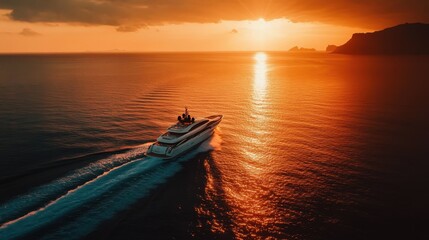 A sleek yacht glides through calm waters during a breathtaking sunset. The sky is painted with vibrant hues as the sun descends, creating a tranquil atmosphere.