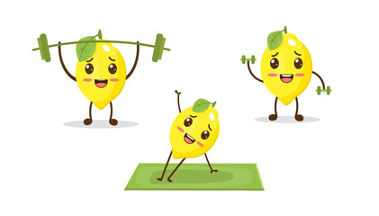 Cartoon cute lemon character doing sport exercises.  Set.
Vector Illustration