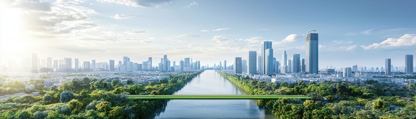 Fototapeta premium A vibrant cityscape featuring modern skyscrapers, a lush green riverbank, and a serene waterway under a clear blue sky.
