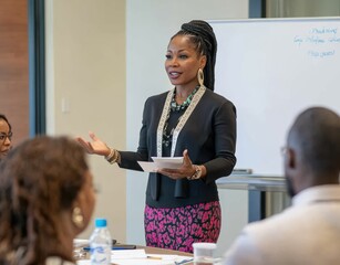 A confident woman speaks passionately in a meeting room, engaging an audience with her presentation skills and professionalism.