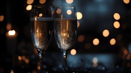 Two Champagne Flutes Sparkling With Festive Lights