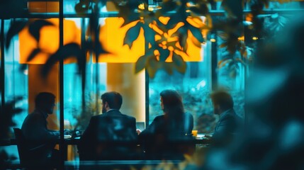 Fototapeta premium Friends sit around a table in a restaurant, sharing a meal and engaging in conversation. The warm ambient lighting creates a welcoming atmosphere while nature surrounds the indoor space.