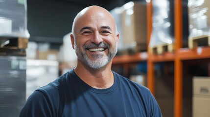 A happy man warehouse manager uses warehousing solutions, ensuring a smooth workflow that keeps his team smiling throughout the day
