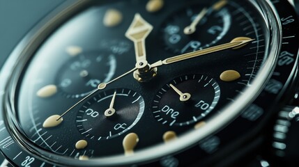 A detailed look at a chronograph watch featuring a black dial, gold accents, and precise timing markers. The watch showcases its elegance and craftsmanship in soft lighting.