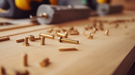 A detailed close-up of screws and dowels being inserted into a wooden board during furniture assembly